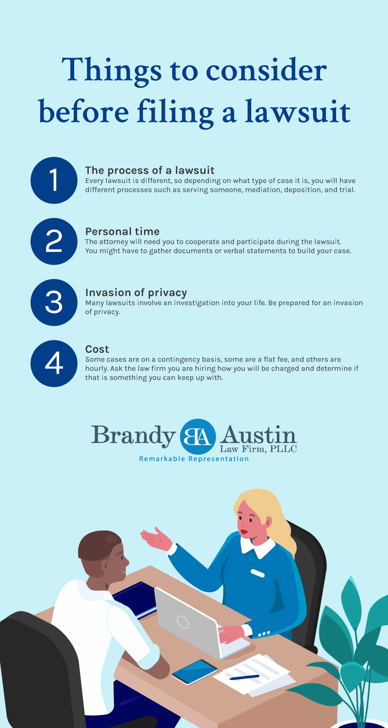 Infographic on 5 things to consider before filing a lawsuit